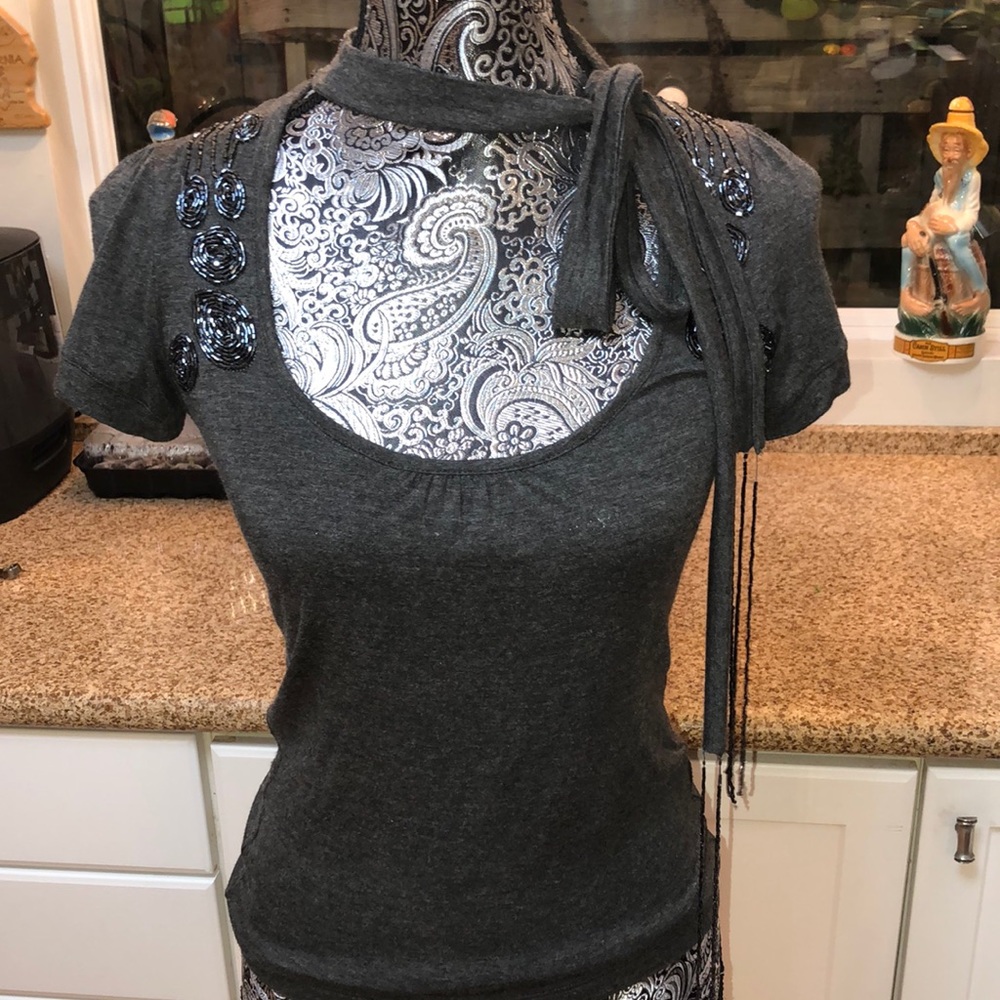 Emporio Armani sequin bow tie scoop neck in smoke gray.